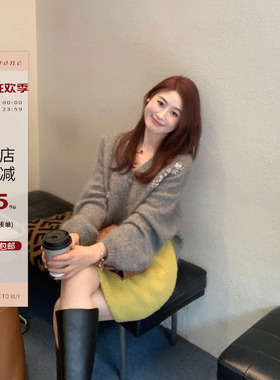 Echoone Viento 高品质马海毛针织开衫高级感时尚灰色毛衣女外套