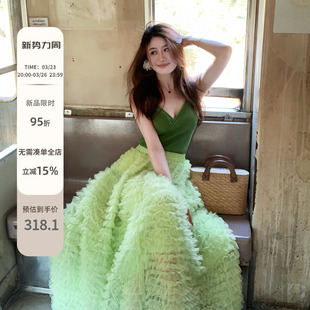 Echoone 重工纱裙褶皱蛋糕网纱半身裙女层次感蓬蓬裙 青柠罗勒颂