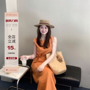 百搭气质高级绑带无袖 Echoone 亚麻韩版 bloom 连衣裙女长裙 Chill