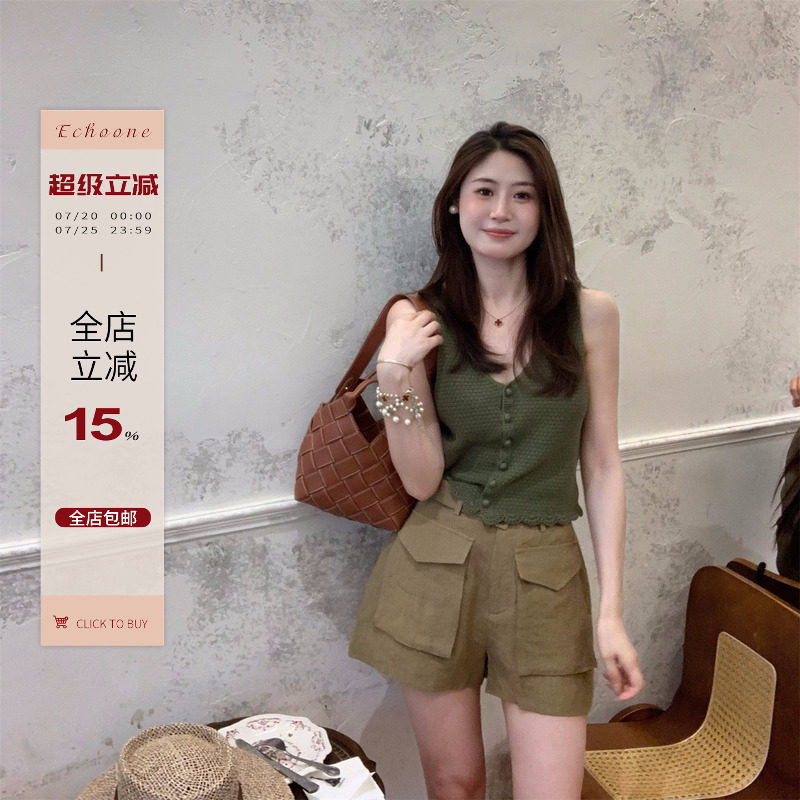 Echoone  恋恋夏日 钩花马甲背心女夏简约时尚短款单排扣无袖上衣