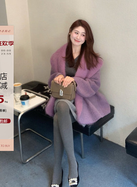 Echoone purple muse 拉毛双面尼苏力羊毛大衣紫色毛呢短外套