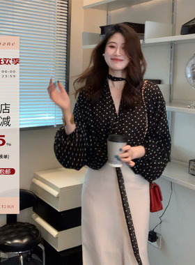 Echoone Rose wild V领波点上衣女简约时尚通勤气质飘带设计衬衫