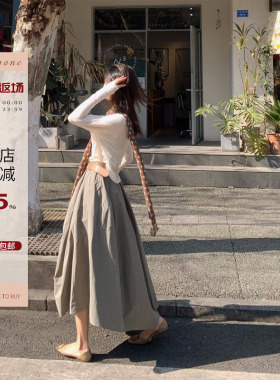 Echoone 慢调生活 淡绿色不规则半身裙子女时尚休闲百搭气质长裙