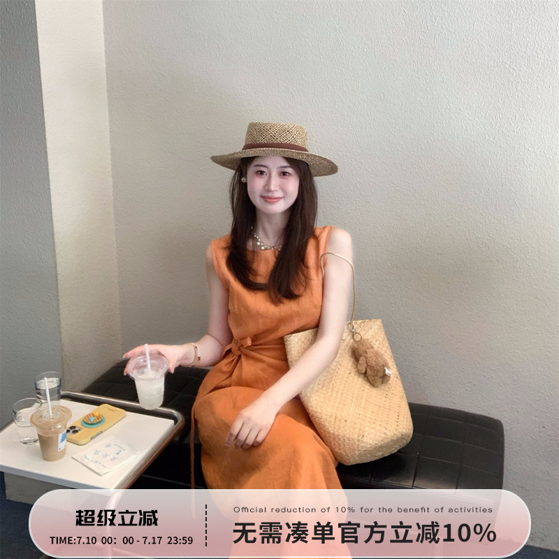 Echoone Chill bloom 亚麻韩版百搭气质高级绑带无袖连衣裙女长裙