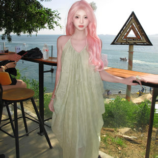 长裙夏季 Itt7 茶歇绿色吊带连衣裙女海边度假无袖 仲夏之夜 精灵