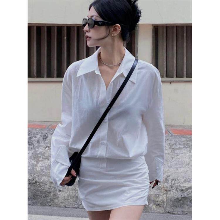 法式Rixo Kelly白色长袖衬衫连衣裙春夏季气质收腰显瘦包臀短裙