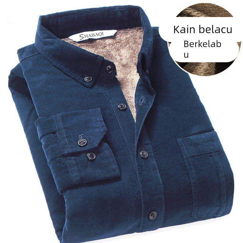 潮牌冬季长袖衬衫青年男士加绒加厚灯芯绒保暖中年纯色免烫衬衣服