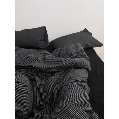 北欧高级感性冷淡风黑色日系条纹四件套纯棉全棉床单被套床笠款4