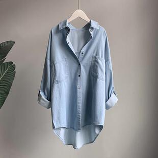 宽松牛仔蓝休闲长袖 女2025年春秋新款 上衣外套 牛仔衬衫 潮牌中长版