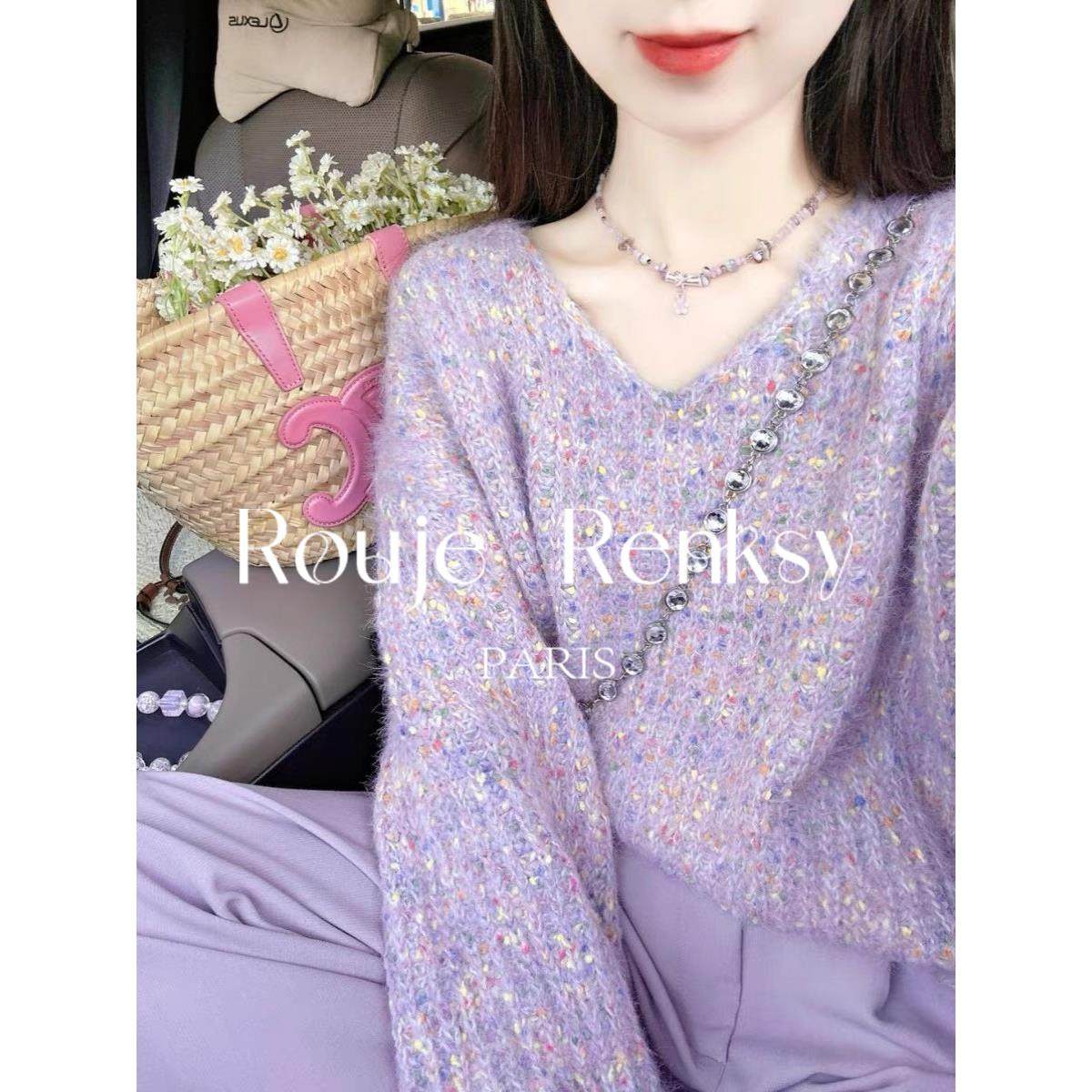 法国Rouje Renksy氛围感紫色彩点软糯V领毛衣女秋冬季气质针织衫,女装/女士精品,大码内搭,淘宝优惠券,粉丝福利购,淘宝优惠卷