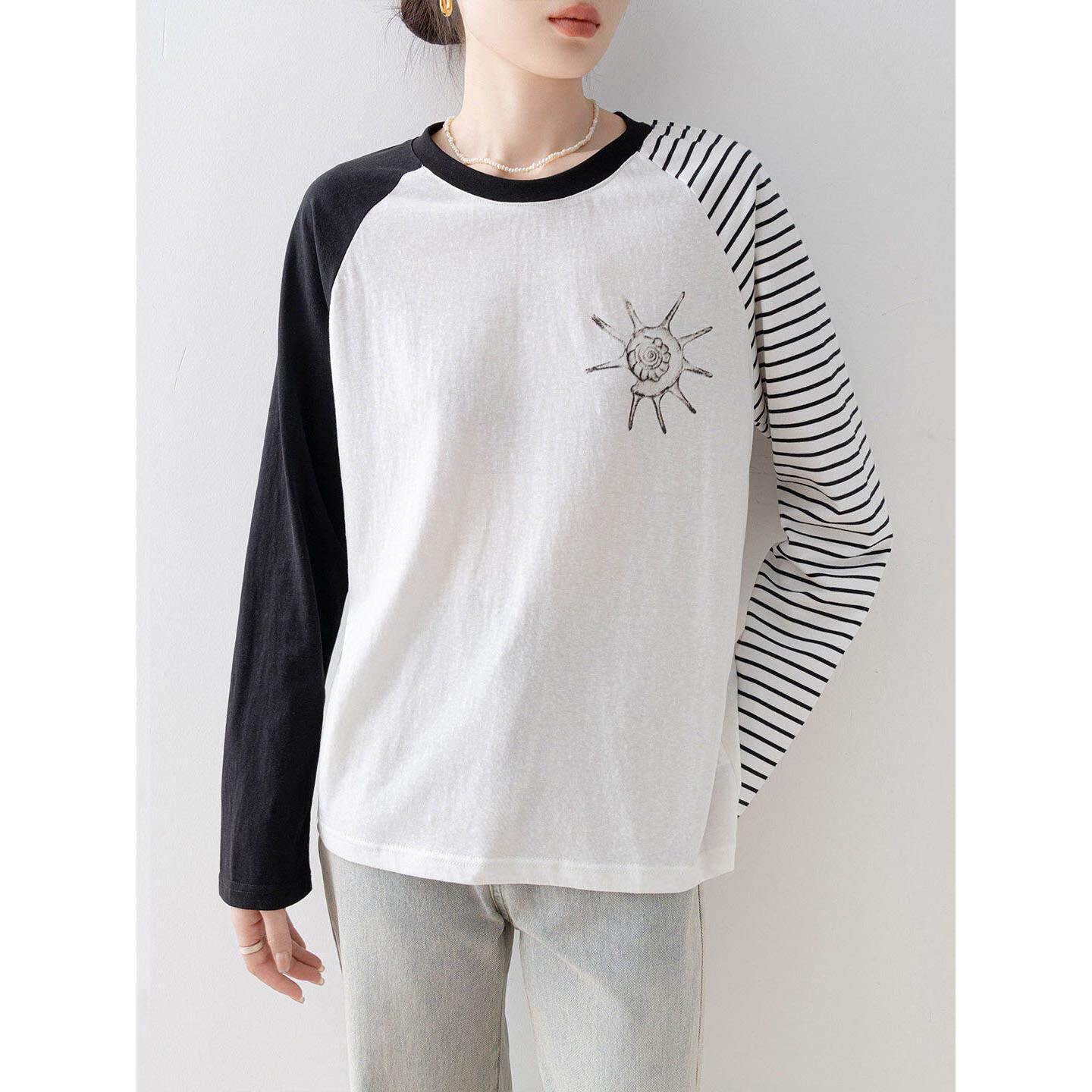 Canary Kiss撞色插肩袖长袖T恤套头女士春夏条纹拼接宽松休闲上衣