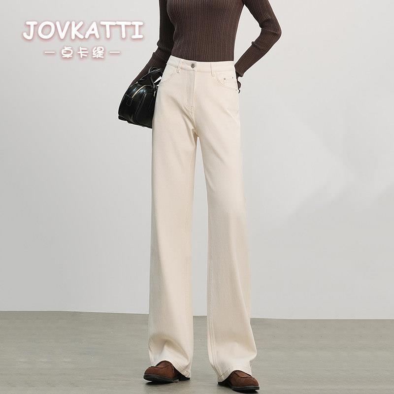 JOVKATTI白色牛仔裤女高腰宽松直筒春秋季新款显瘦百搭窄版阔腿裤