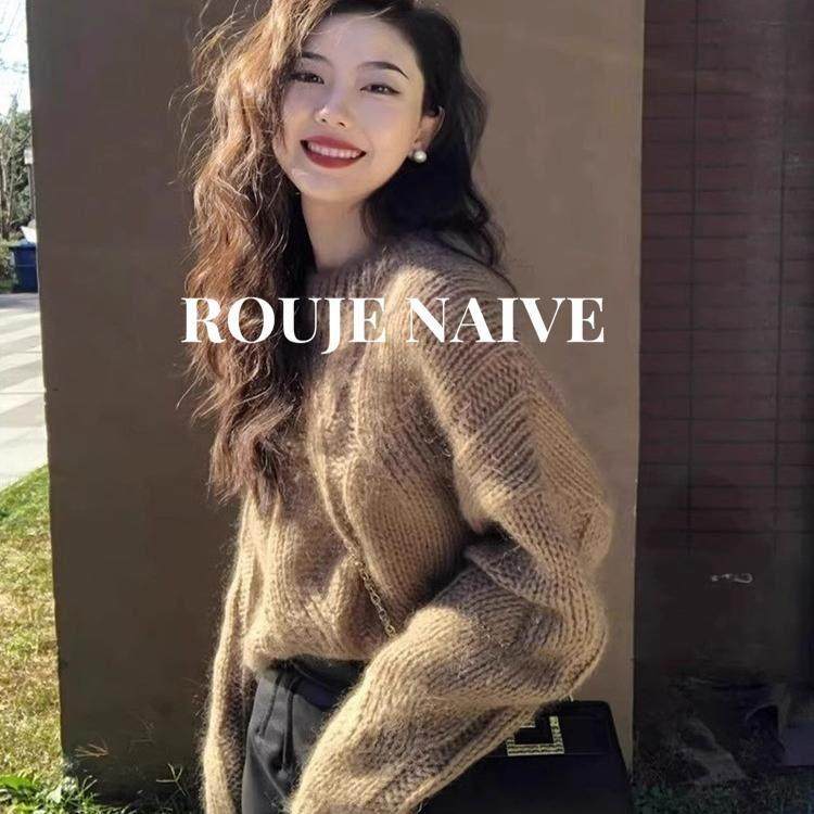 ROUJE NAIVE高级感圆领麻花毛衣女春秋季慵懒内搭复古针织衫上衣,女装/女士精品,大码内搭,淘宝优惠券,粉丝福利购,淘宝优惠卷
