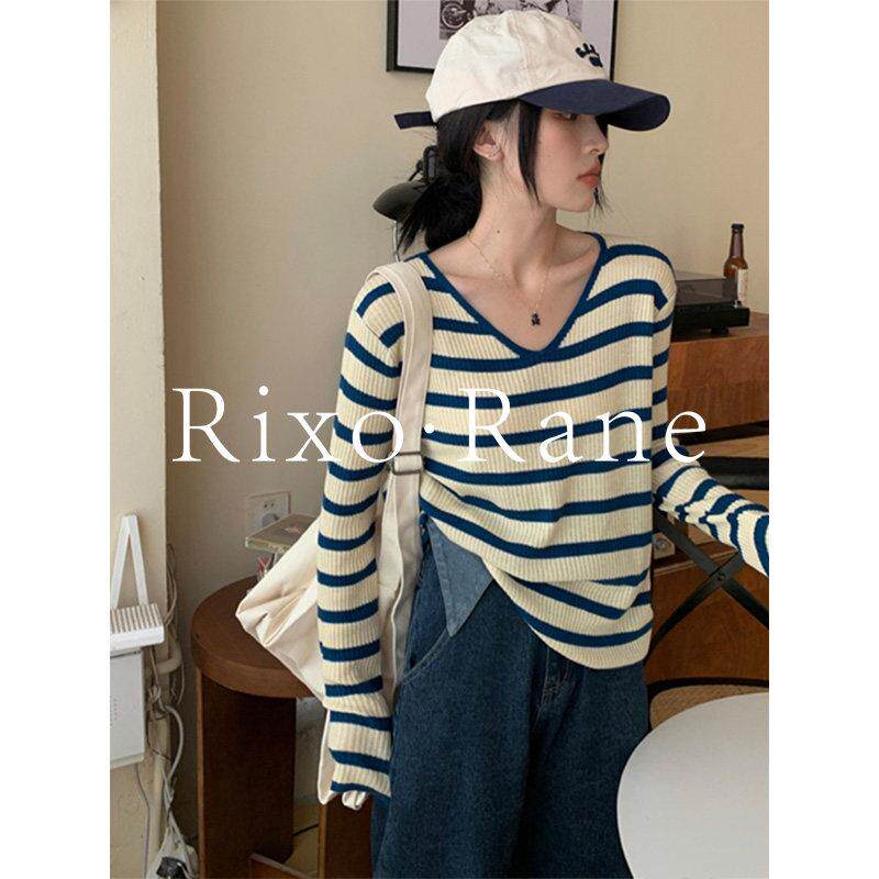 法国Rixo Rane?法式V领撞色条纹长袖T恤女春秋款气质打底衫上衣