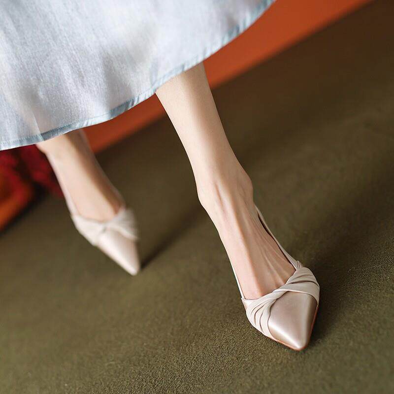 气质款~Raraente真皮尖头拼色浅口细高跟鞋女休闲百搭通勤单鞋