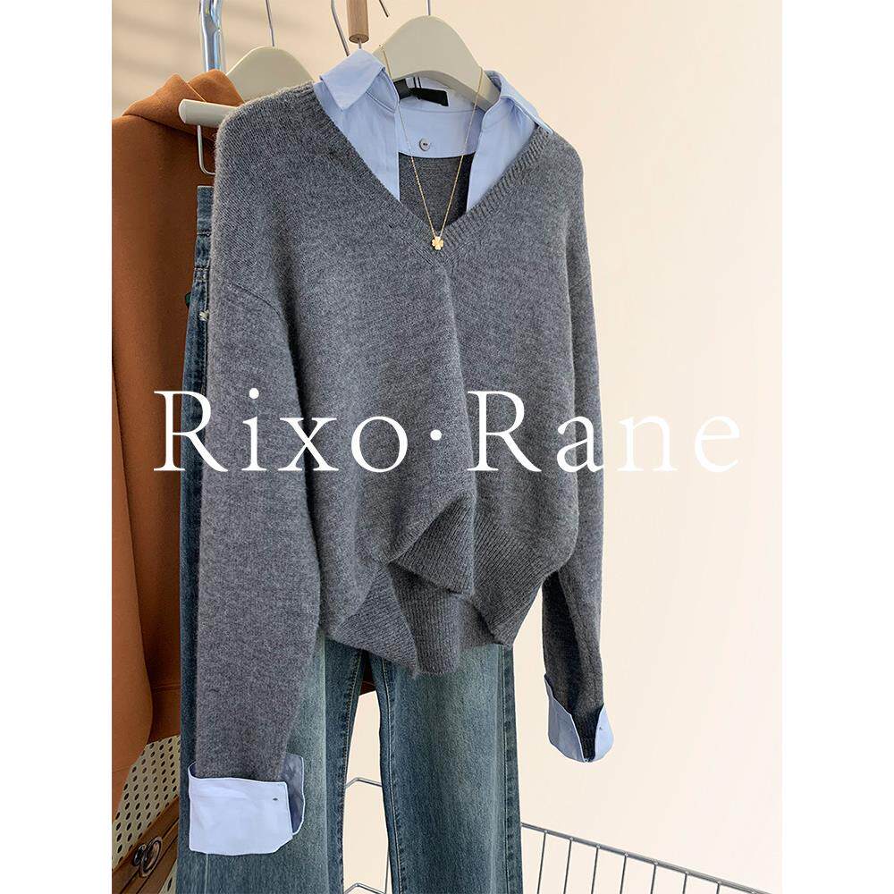 法国Rixo Rane ⭐假两件衬衫领拼接覆古毛衣女羊绒针织打底衫上衣