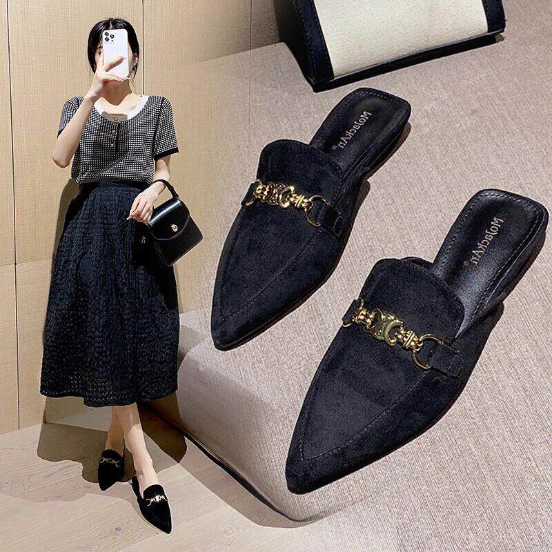 香港包头真皮女式半拖鞋2025新款秋外穿尖头凉鞋及拖鞋