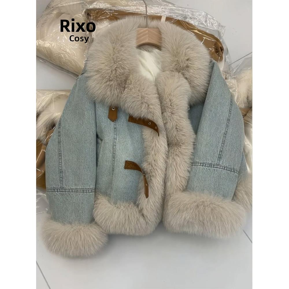 RIXO COSY韩系设计感时尚牛仔外套夹绒加厚羽绒保暖皮草大衣
