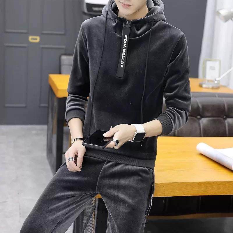 高端金丝绒卫衣套装男秋冬新款潮流加绒加厚男士休闲跑步运动服潮