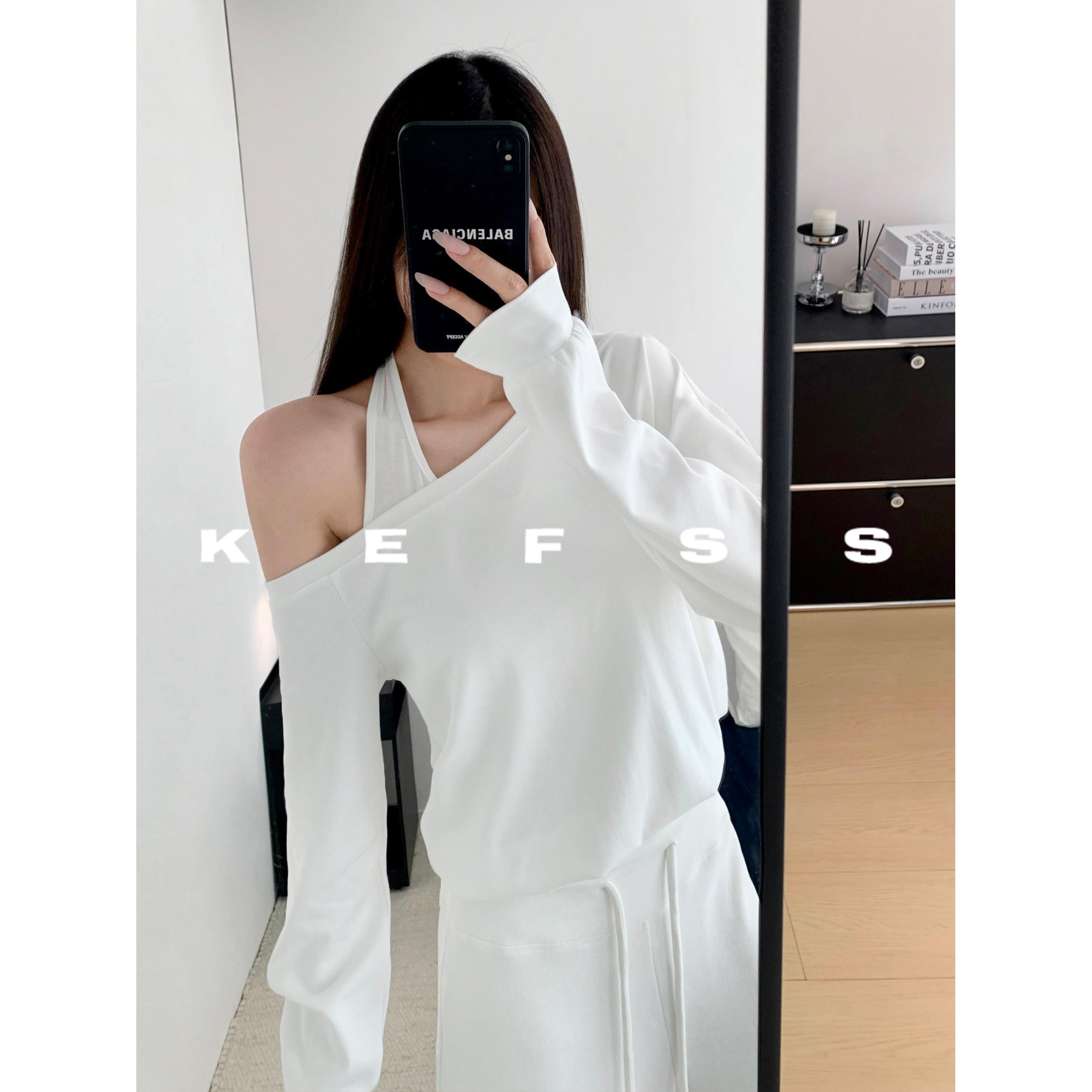 Rouje Kefss法式松弛露肩假两件挂脖式斜肩卫衣秋季慵懒长袖上衣