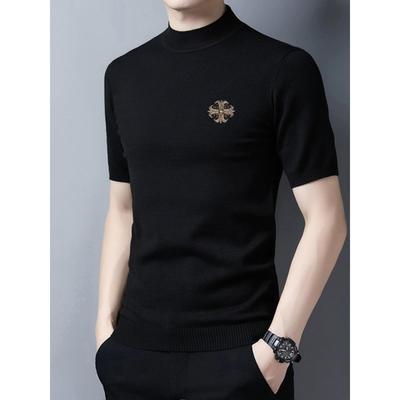 高端刺绣针织短袖毛衣男潮流修身秋冬半袖羊毛衫半高领针织衫线衣