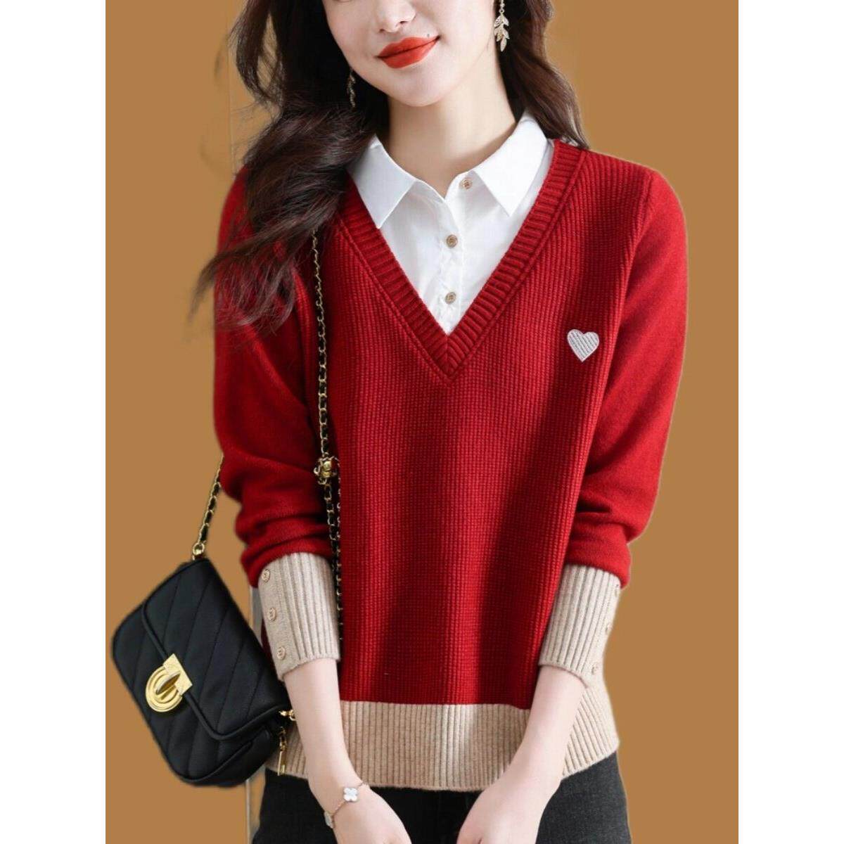 Canary Kiss假两件衬衫领红色毛衣女秋冬季洋气大码针织打底上衣