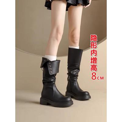 厚底真皮长靴女秋冬季加绒高筒靴两穿翻折中筒靴内增高长筒骑士靴