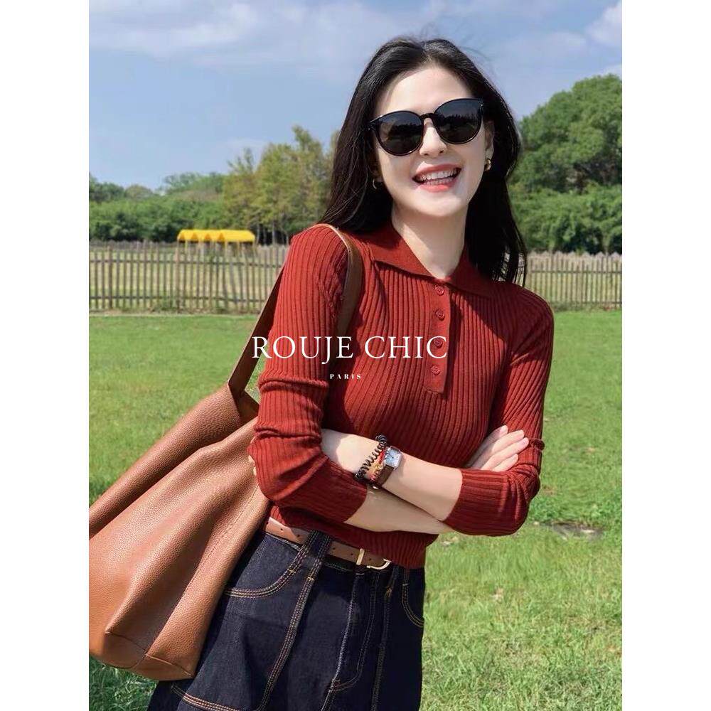 法国rouje chic秋季内搭红色翻领针织衫T恤女法式短款polo领上衣