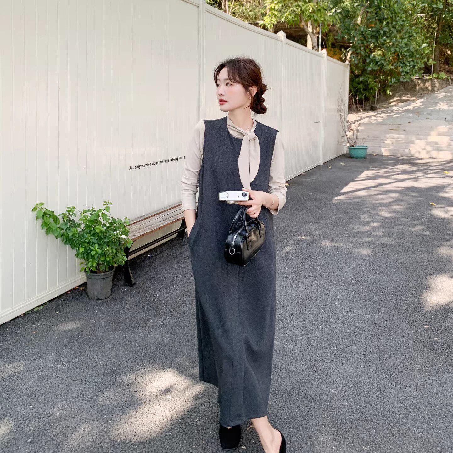 Rouje Moaks针织洋装套装女春秋新款一整套背心裙打底衫两件套