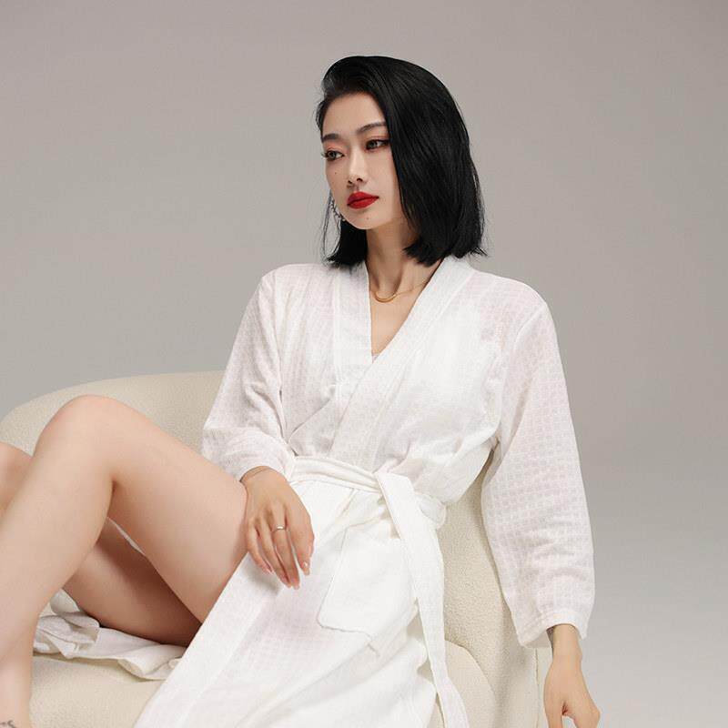 生活的舒适~随意的生活感！华夫格纯棉浴袍女2025年新款吸水速干
