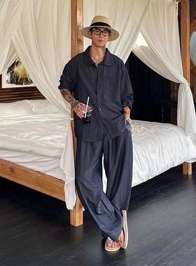 韩国CHIPOTLE老钱风亚麻休闲套装男装莱赛尔天丝长袖衬衫棉麻裤子