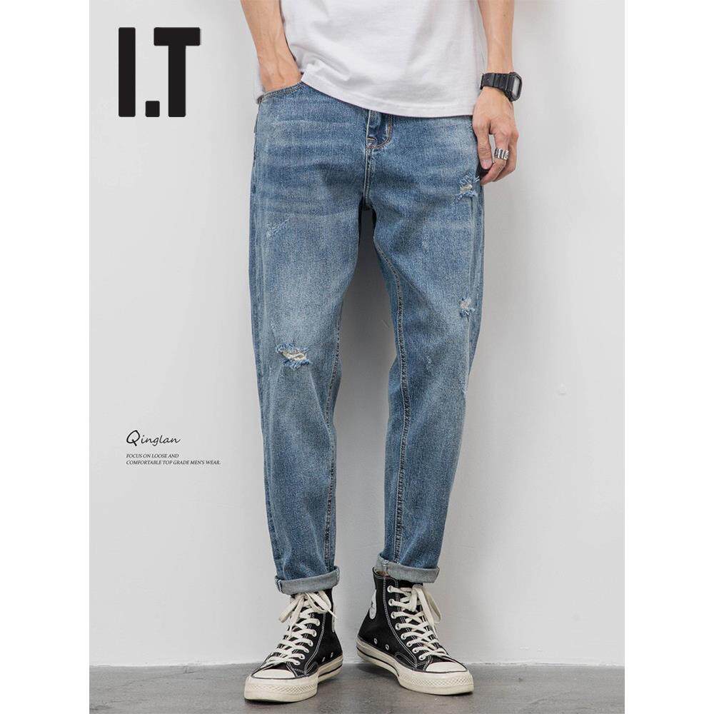 香港潮牌浅色牛仔裤男宽松直筒破洞休闲九分裤子日系弹力春秋长裤