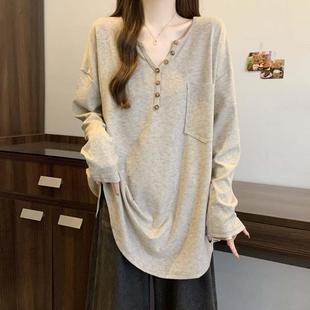 宽松V领长袖 胖mm中长款 T恤打底衫 2024大码 遮屁股上衣 女秋冬季 大版