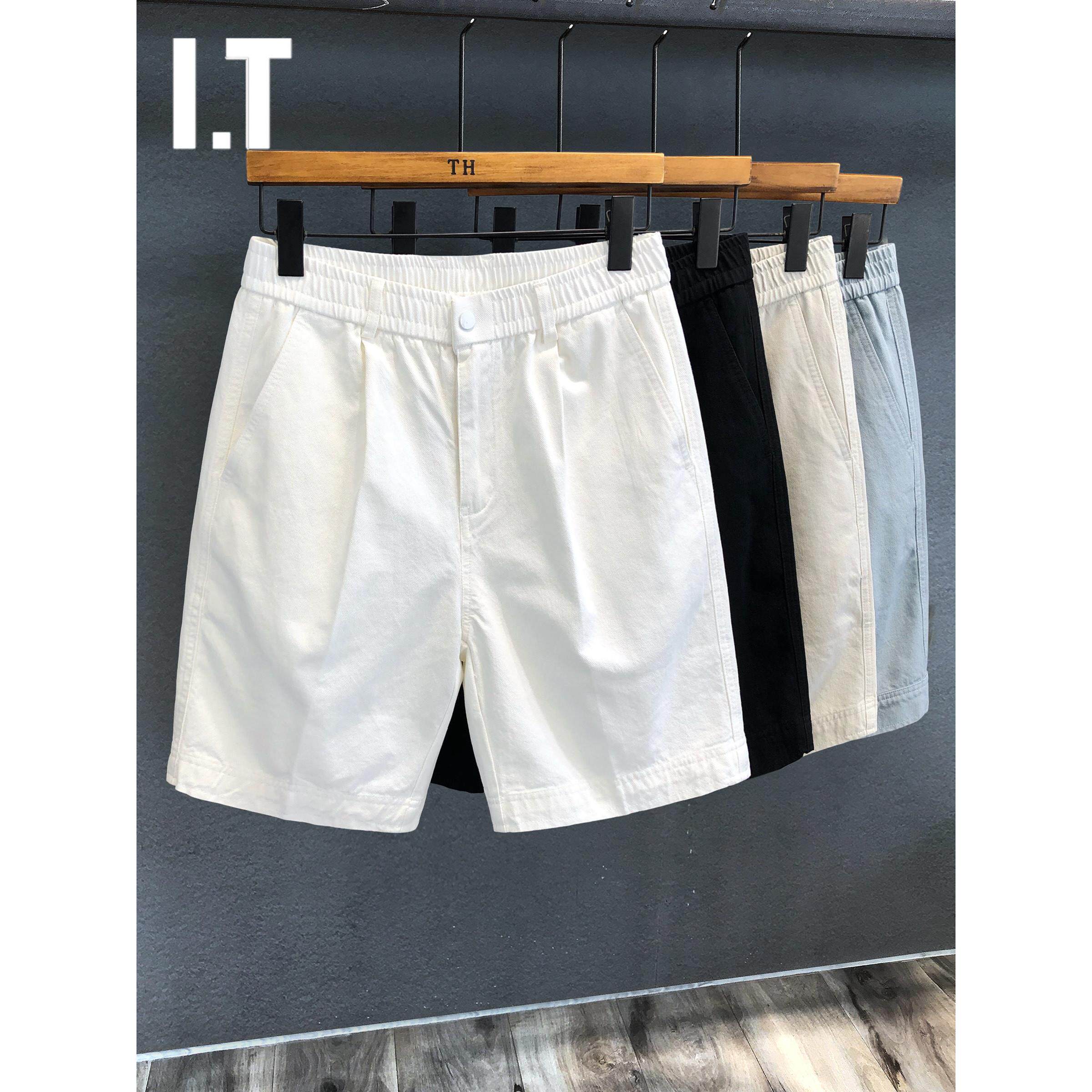 潮牌日系进口精梳纯棉痞帅休闲短裤男士松紧腰白色五分裤中裤西裤