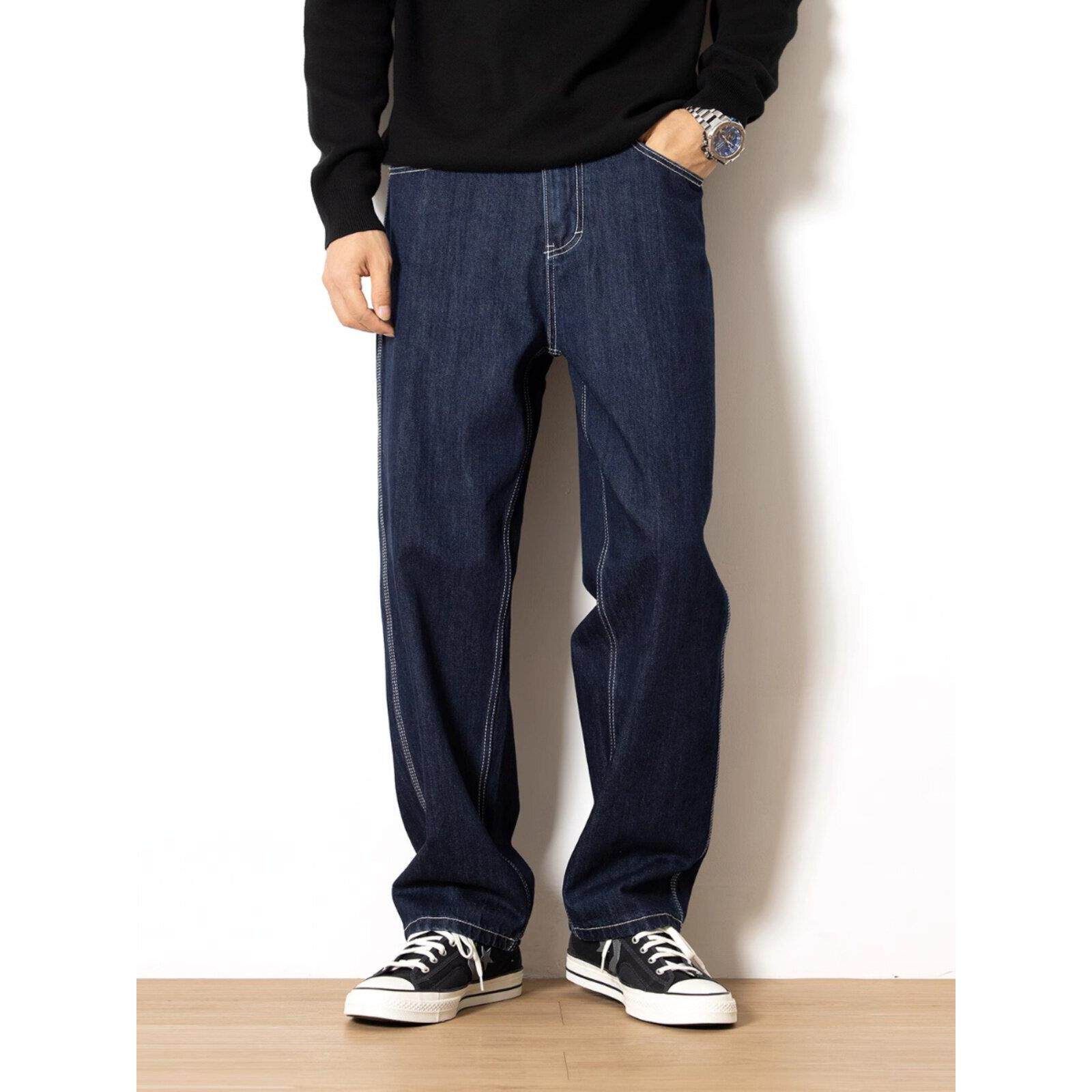 it Afternnaths潮牌！深蓝色直筒牛仔裤男宽松休闲阔腿加绒秋冬季