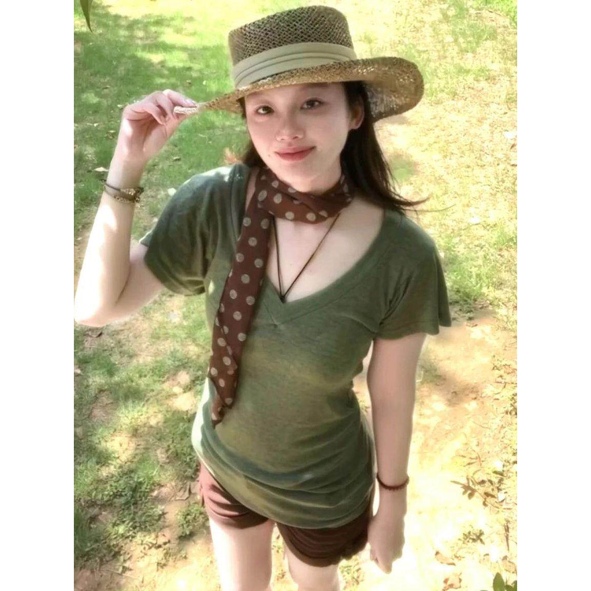 法式Rixo Kelly苔绿色蝙蝠袖V领正肩短袖t恤女修身设计感小众上衣