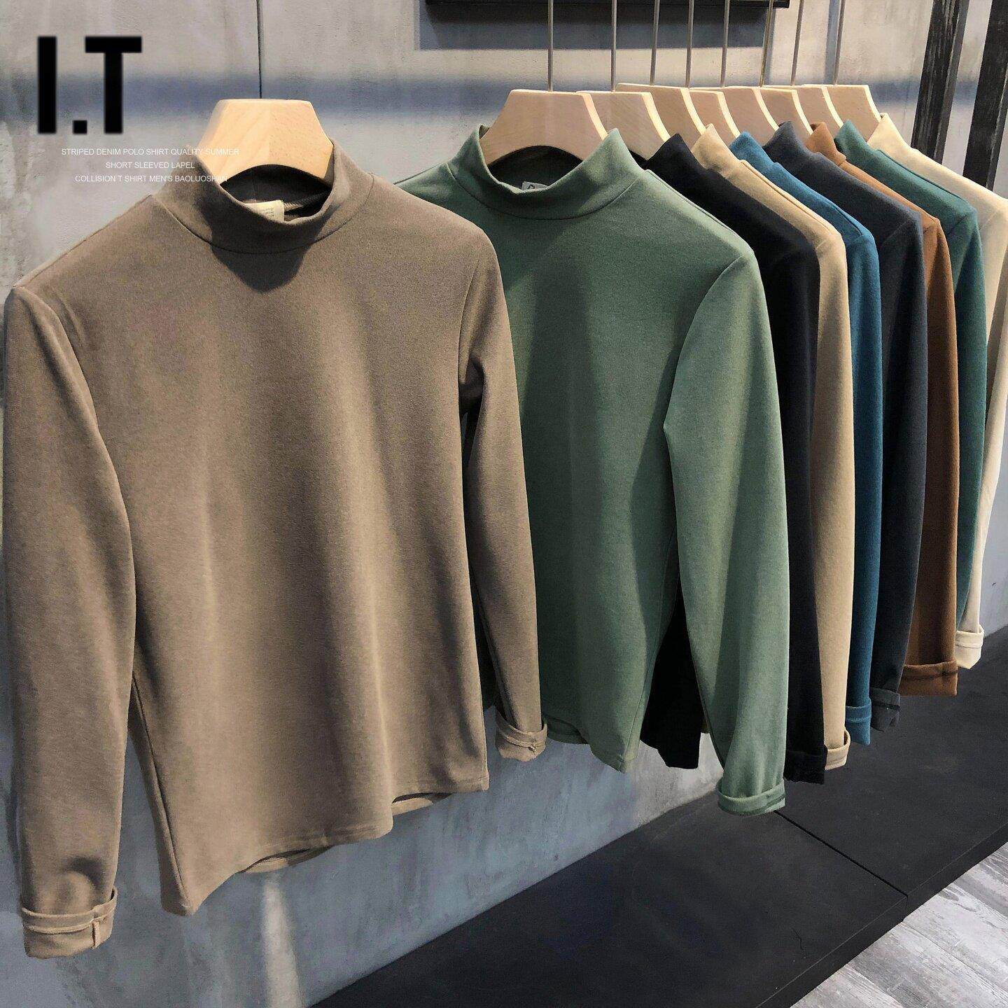 潮牌双面德绒半高领打底衫男士秋冬保暖磨毛纯色内搭立领修身毛衣