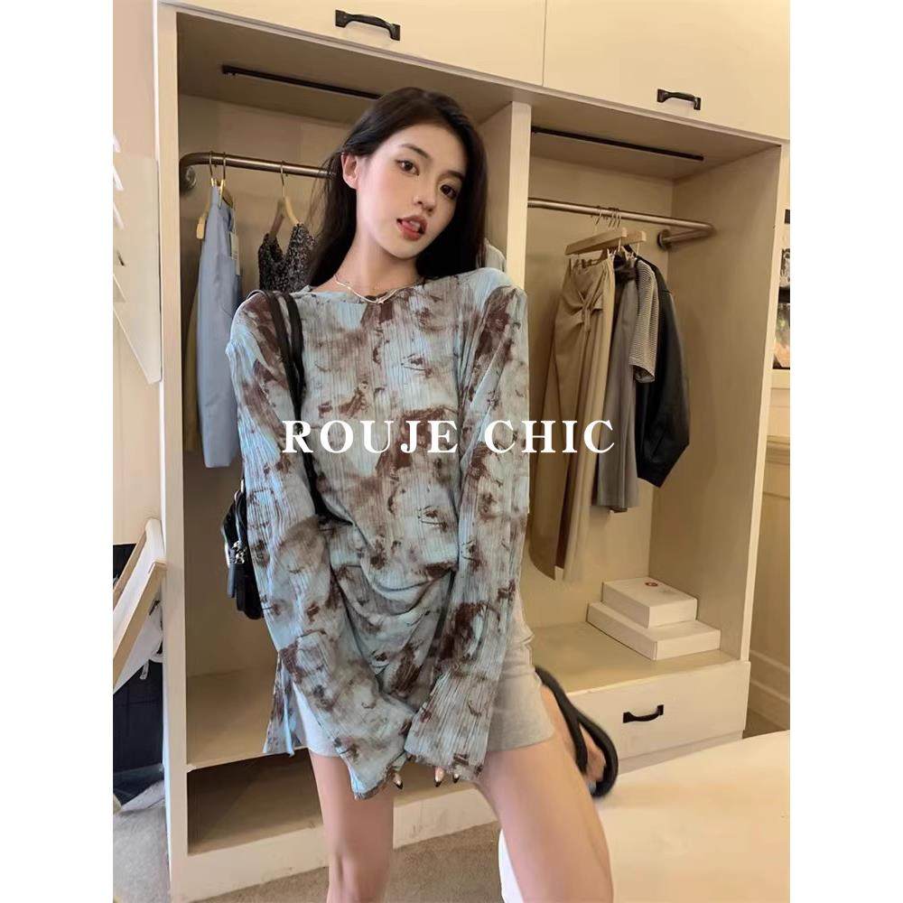 法国Rouje Chic法式扎染设计感小众防晒长袖T恤女时尚开叉上衣女,女装/女士精品,大码内搭,淘宝优惠券,粉丝福利购,淘宝优惠卷