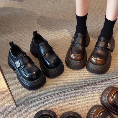 英国真皮黑色厚底乐福鞋女2025新款秋增高英伦风小皮鞋一脚蹬单鞋