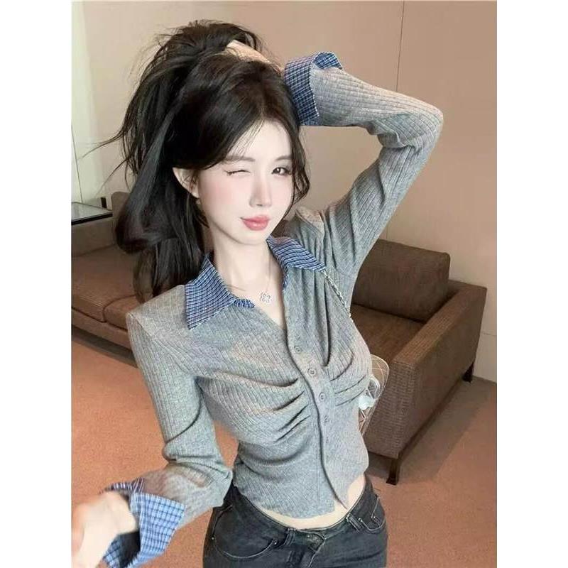 学院风polo领假两件长袖女早春季褶皱衬衫修身内搭打款打底衫上衣