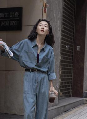 Mere Kore美式覆古港风牛仔衬衫外套两件套女春秋新款休闲长裤子