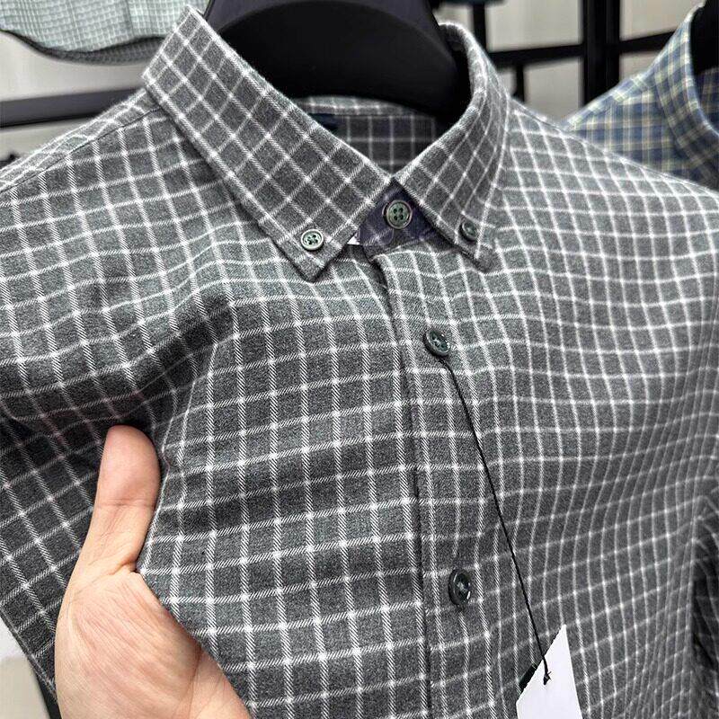 100%纯棉长袖衬衫男2025春秋新款磨毛格子男士衬衣免烫男装寸衫潮 - SDFUJ出品