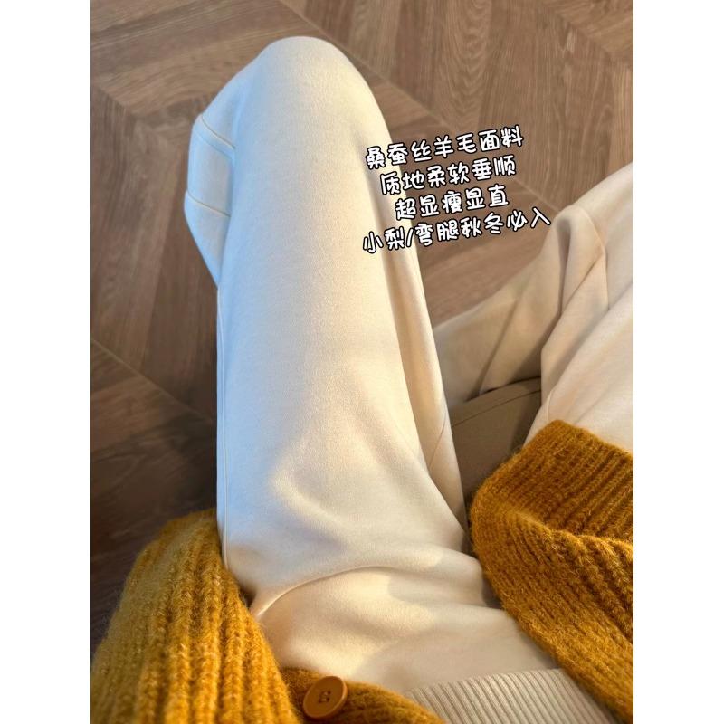 法国ROUJE NAIVE高端大码窄版羊绒阔腿裤子女垂感加绒羊毛直筒裤