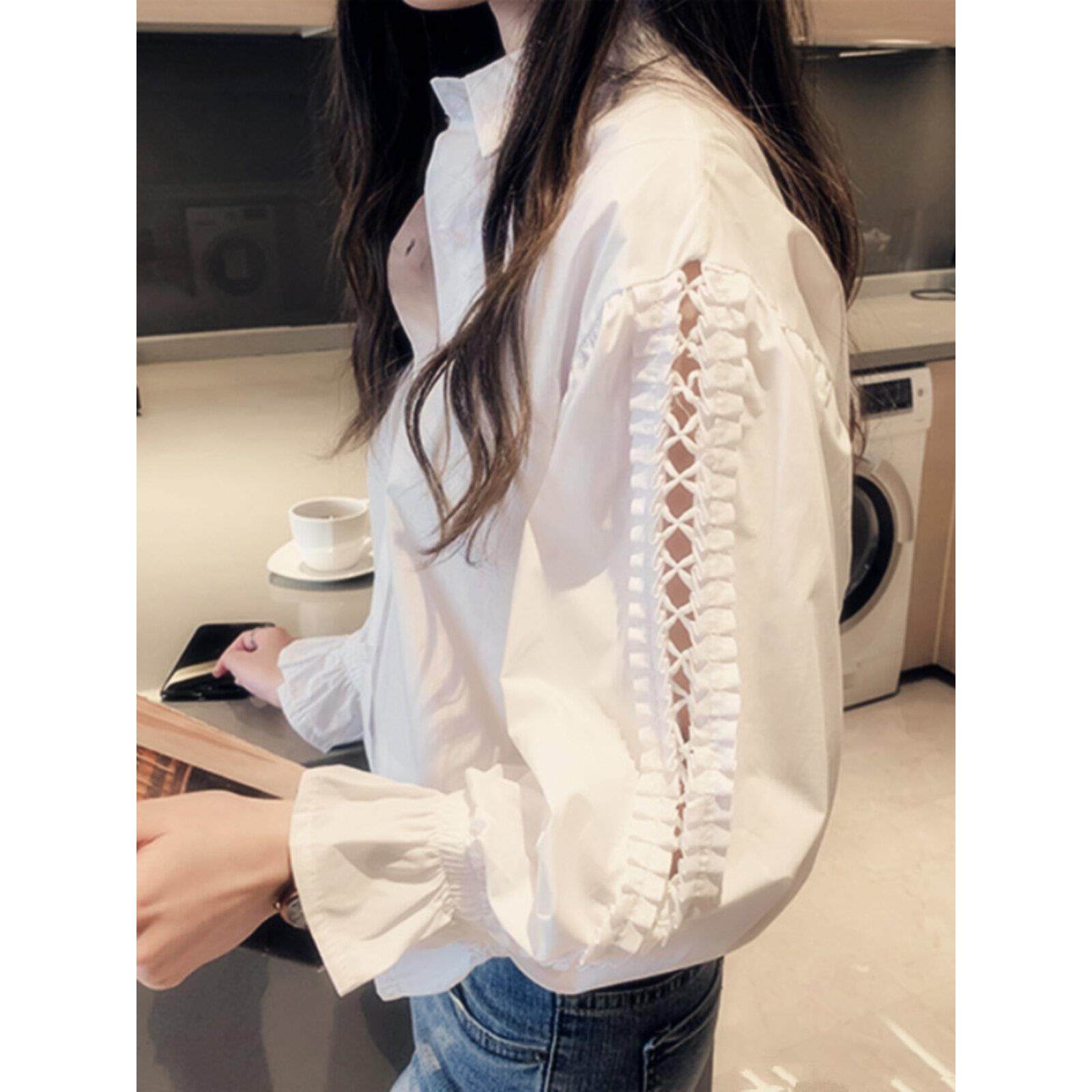 春秋女装法式小众上衣设计感小心机白色小衫轻熟露肩开衫长袖T恤