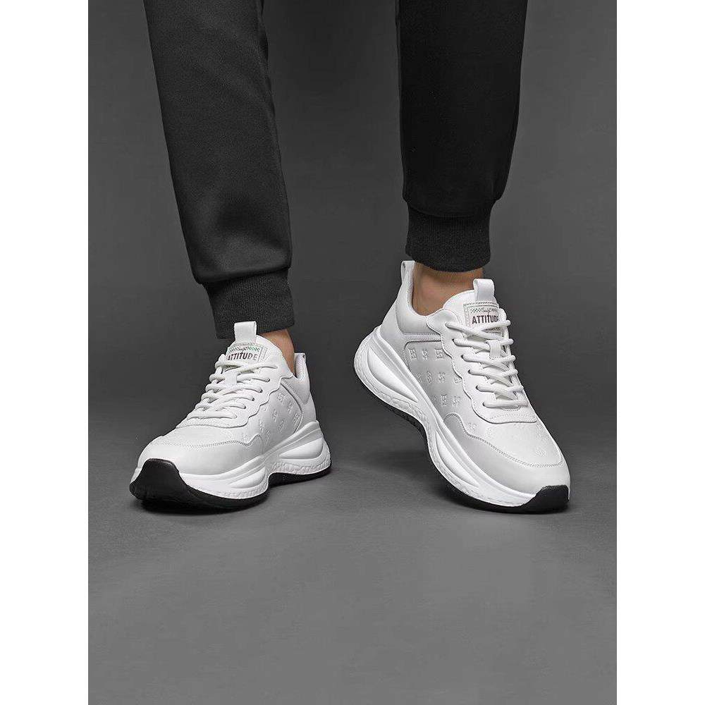 厚底运动鞋男增高2025春秋季新款真皮休闲男鞋软底舒适白色鞋子男