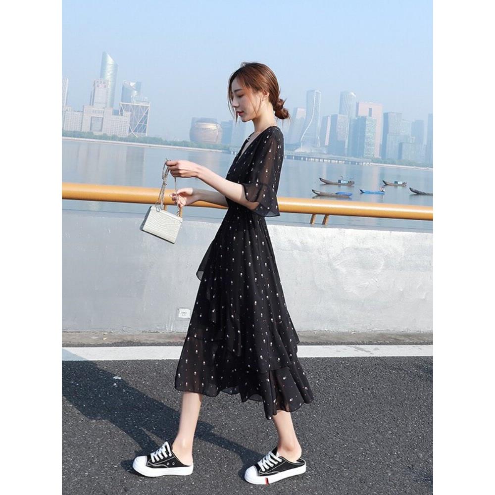 claudie pasey波点黑色碎花雪纺连衣裙气质高腰a字蛋糕裙显瘦
