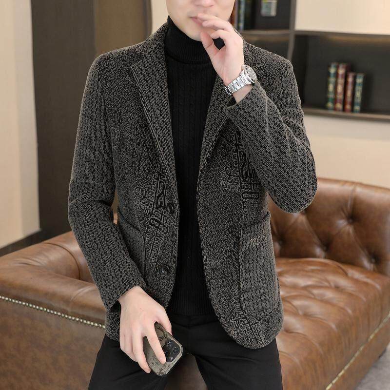 高端金貂绒夹克男秋冬季新款潮流加绒加厚男士休闲毛呢西装外套