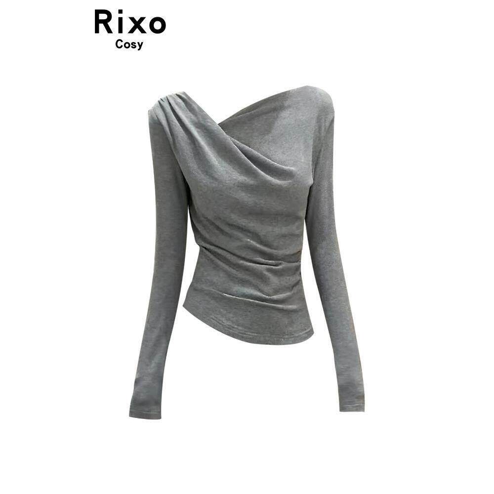 Rixo Cosy C位瘦瘦Tee 纯欲大领口抽褶设计长袖T恤女宽松白色上衣