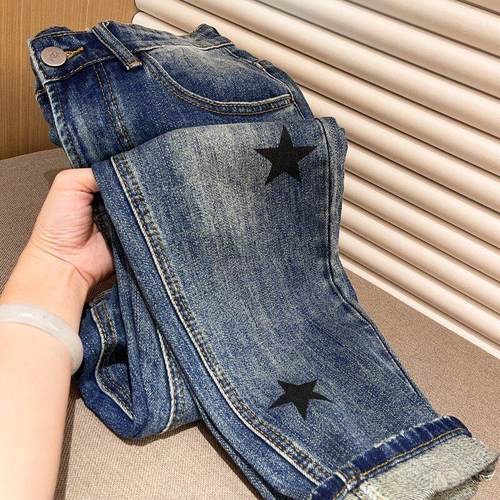 潮牌个性五角星印花蓝色牛仔裤男士高端品质弹力修身小脚九分裤男