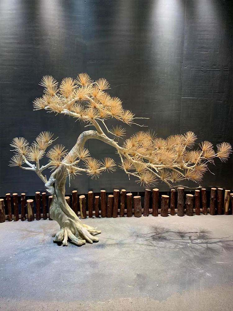 仿真迎客松室内造型树假树枯木根雕实木枯树装饰造景松树盆景大型